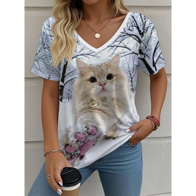 Women's summer casual V-neck short-sleeved T-shirt, with fashionable 3D print, suitable for outings or at home