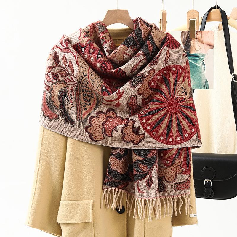 Jacquard Scarf Shawl with Decorative Imitation Cashmere Scarf for Women Winter High End New Style Thickened Ethnic Style Shawl