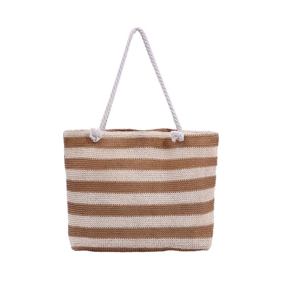 Striped Beach Tote Bag Straw Foldable Shoulder Bag Zipper Large Capacity Travel Handbag For Travel Work Beach Gym Store