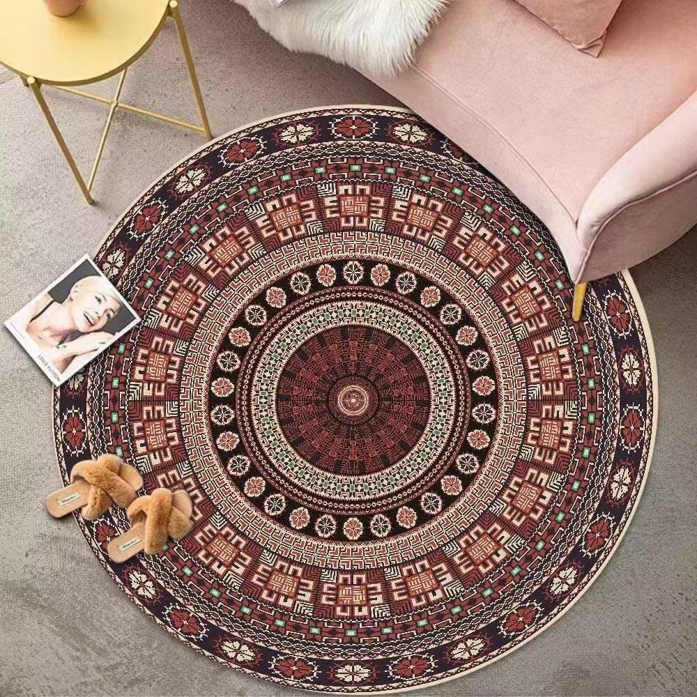 Flower Print Round Carpet Colorful Geometric Design Vintage Decor Mat Boho Ethnic Decor Non-Slip Rug for Living Room Bedroom