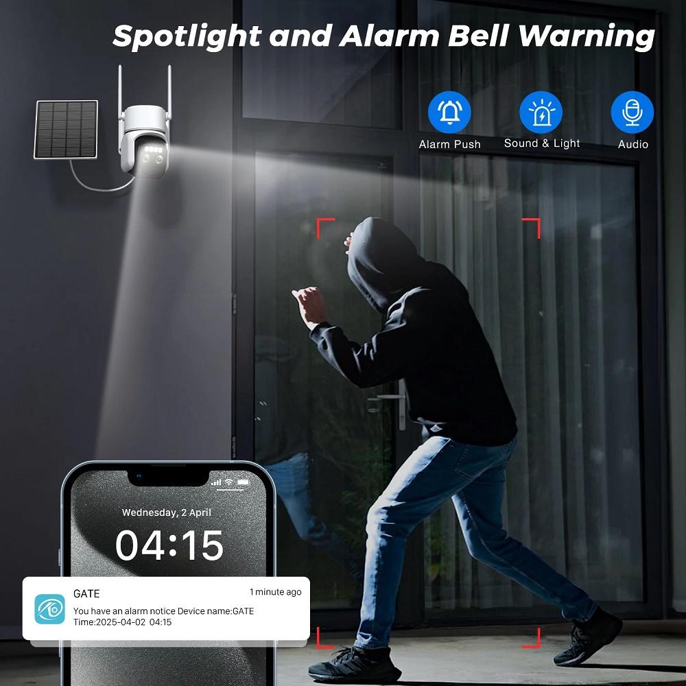 WiFi/4G Solar-powered Surveillance Camera, High-definition Dual-lens Night Vision Recorder