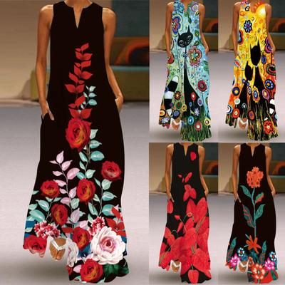 Damen Bedrucktes ärmelloses Kleid mit V-Ausschnitt, geteilter Saum, Baggy-Kaftan, langes Kleid