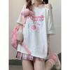Women Kawaii Off Shoulder T-shirt Harajuku Sweet Girl White Tops Y2k Aesthetic Cute Graphic Tees Japanese Fashion Shirt