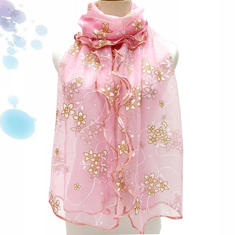

Elegant Soft Golden Silk Embroidery Flowers Shawl Scarf Women Hijab Wraps Scarves Female Headkerchief Fouloud Echarpe 45x175cm