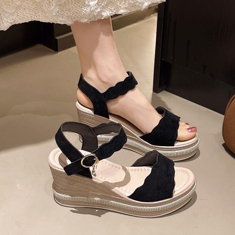 Wedge Heel Sandals Women's Summer Comfortable High Heels Casual Versatile Platform Muffin Shoes One-word Buckle Strap Roman Shoes