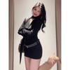 With Belt, Spice Girl Black V-neck Long-sleeved Dress for Women's Spring Design, Tight Waist and Hip-wrapped Short Skirt.