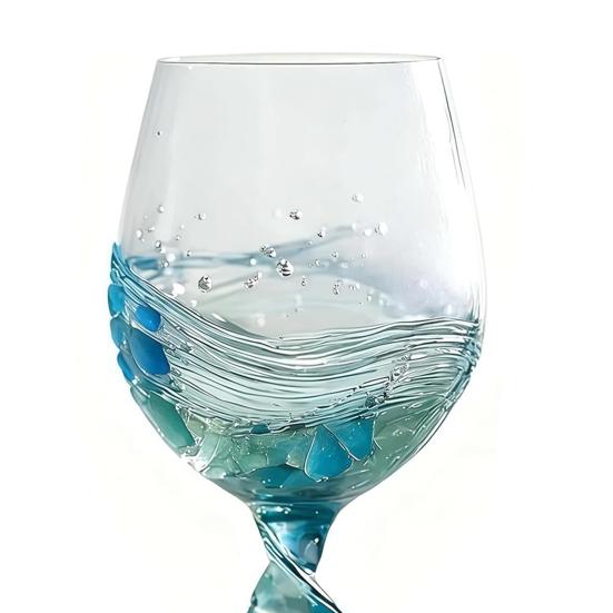 Spiral Cup Handle Wine Glass with Gradient Blue-Green Tone Unique Wave Texture Design Handheld Spiral Wine Cup