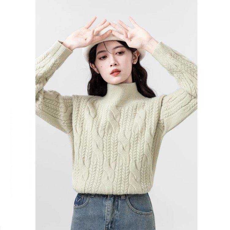 2026 Autumn Women's Cable Knit High-Neck Loose Pullover - Korean Gentle Style