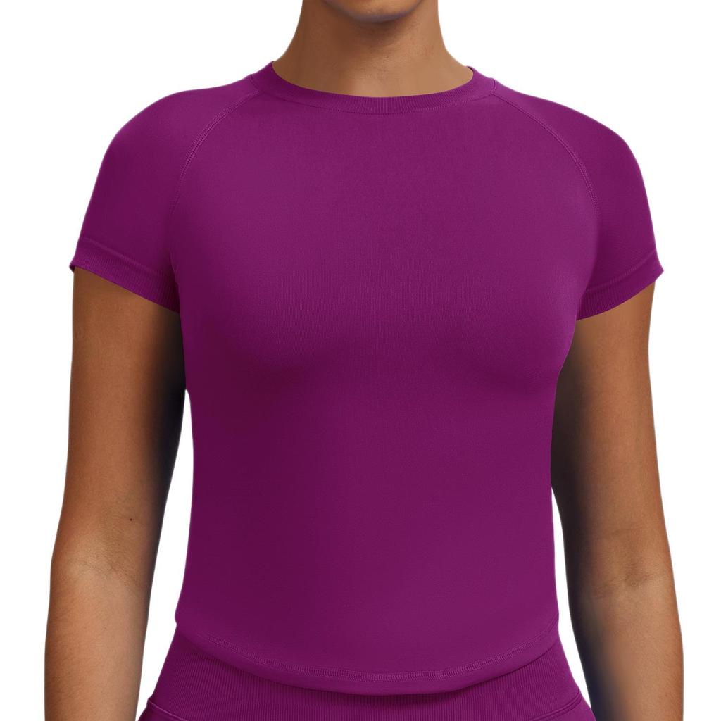 High-Stretch Seamless Nylon Yoga T-Shirt: Moisture-Wicking, Tight-Fit, Hip-Length Short Sleeve