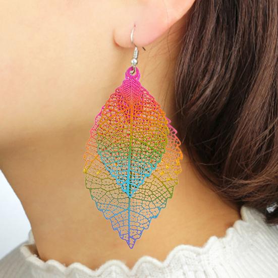 1 Pair Dangle Earrings Vintage Boho Long Fringe Hollow Out Colorful Decorative Birthday Gift Women Double Layer Leaf Pendant Hook Earrings Jewelry
