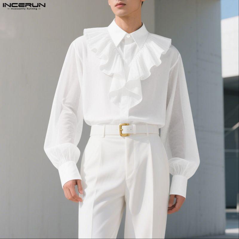 INCERUN Oversized Elegant Men Multi-layered Neck Long Sleeve Ruffled Casual Loose Shirts
