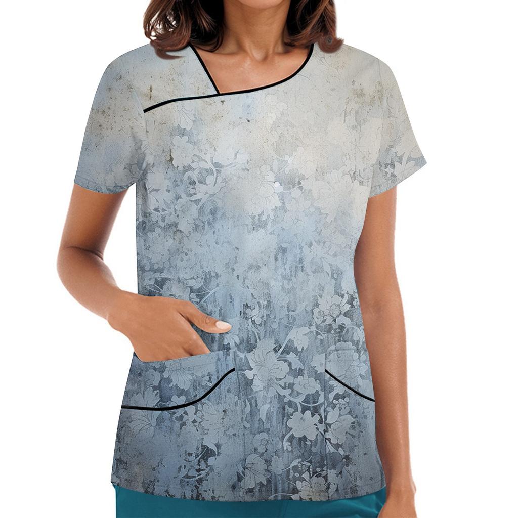 Damen Bedruckte Arbeitskleidung, Schräger Kragen und Doppellagige Taschen, Basic Oberteil Pullover