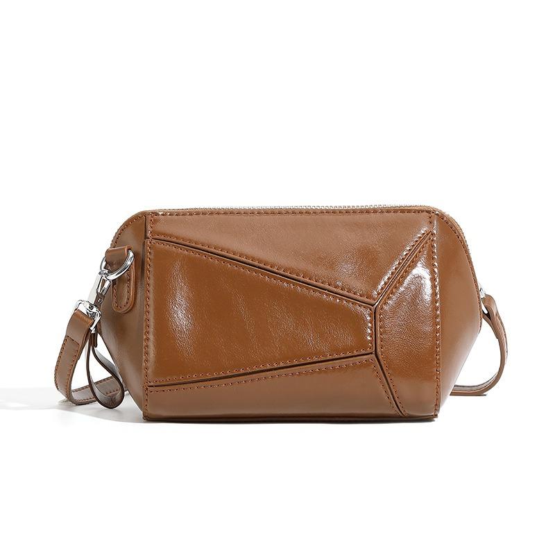 Vegetable Tanned Cowhide Retro Geometric Splicing High-end New Leather Versatile Fashion Single Shoulder Crossbody Woman