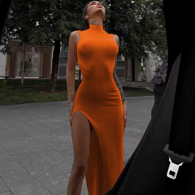 2025 Women's Fashion Round Neck Sleeveless Slim Fit Slit Midi Dress