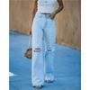 Jeans Larghi a Vita Media da Donna Strappati Lavaggio Chiaro Usurati con Fori Sfilacciati Pantaloni Lunghi Casual in Denim
