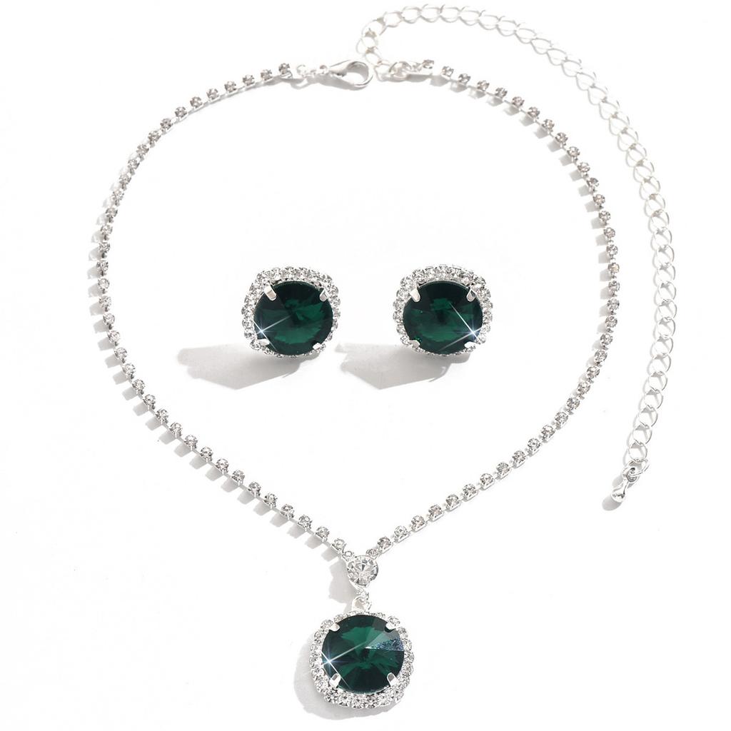 Emerald Full Diamond Square Set Necklace Earrings Jewelry Two-Piece Set