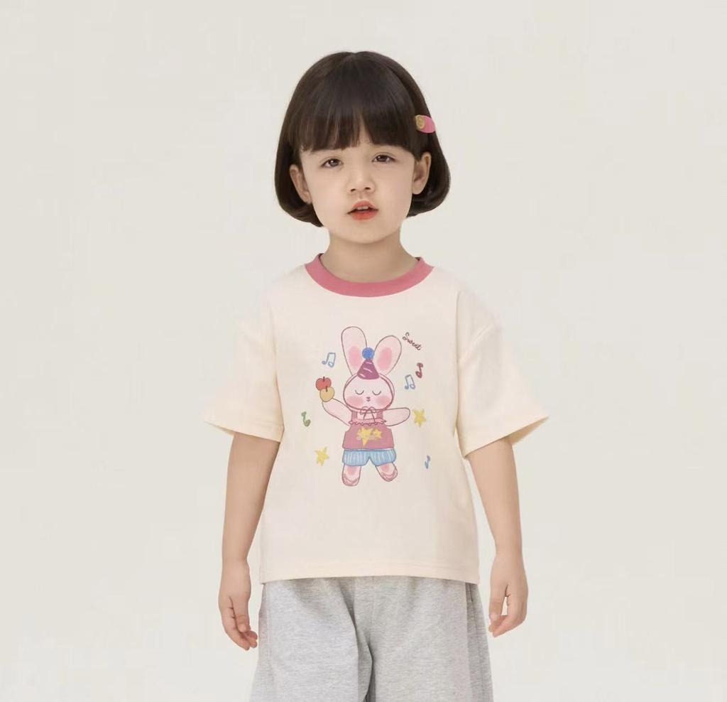 Girls Sweet Cartoon Print Short Sleeve T Shirt Summer Block Round Neck Cute Baby Top