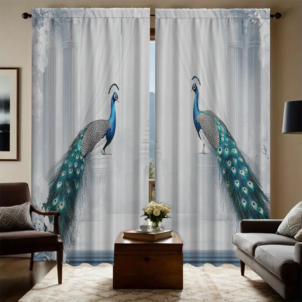 

2PC Home Mandarin ducks and peacocks Curtains With Landscape Background And Pole Pocket Curtains, Kitchen, Coffee Shop, Living R 75x166cm