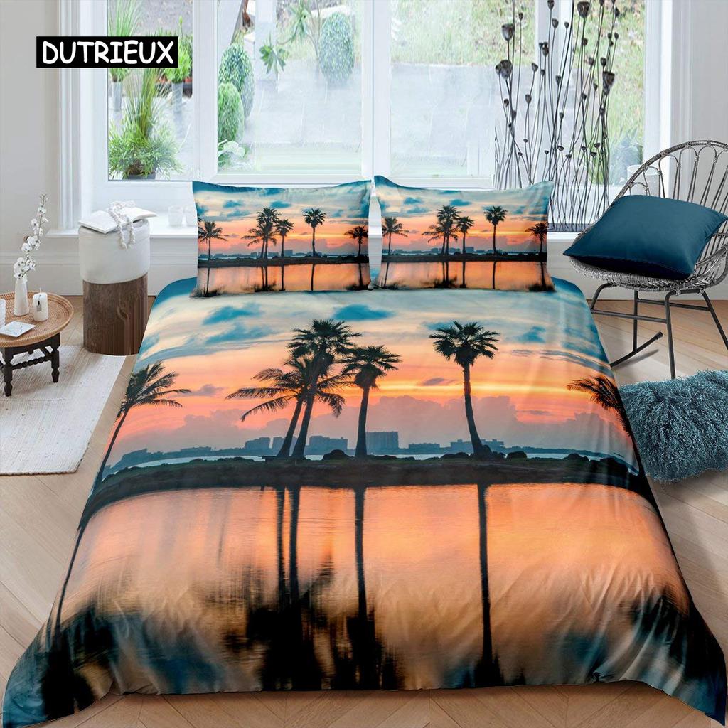 Palmen Bettbezug Set Atollsee Bettwäsche Set Miami Florida Sonnenuntergang Bettdeckenbezug Atlantischer Ozean Naturszene Steppdeckenbezug
