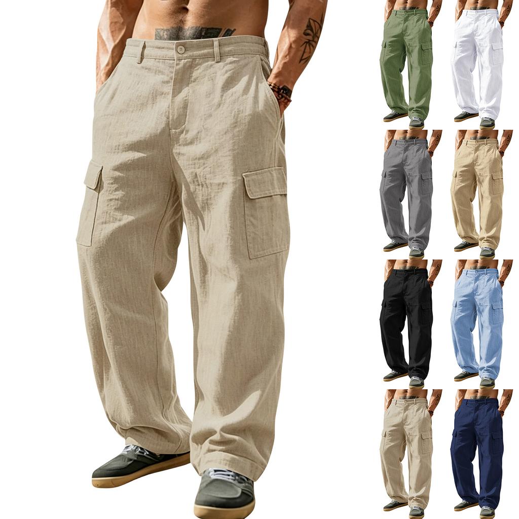 Men's Linen Straight Leg Long Pants - Casual Comfortable Lightweight for Everyday Wear