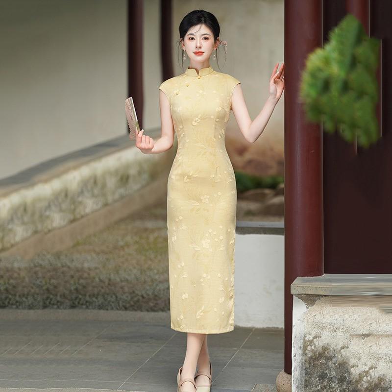 Yellow Sleeveless Long Qipao Dress Women 2025 Retro Chinese Style Linen Silk Blend Small