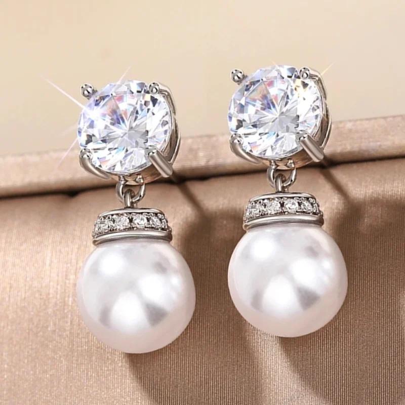 Simple Stylish Simulated Pearl Earrings with Cubic Zirconia Fashionable Women Silver Color Luxury Trendy Jewelry