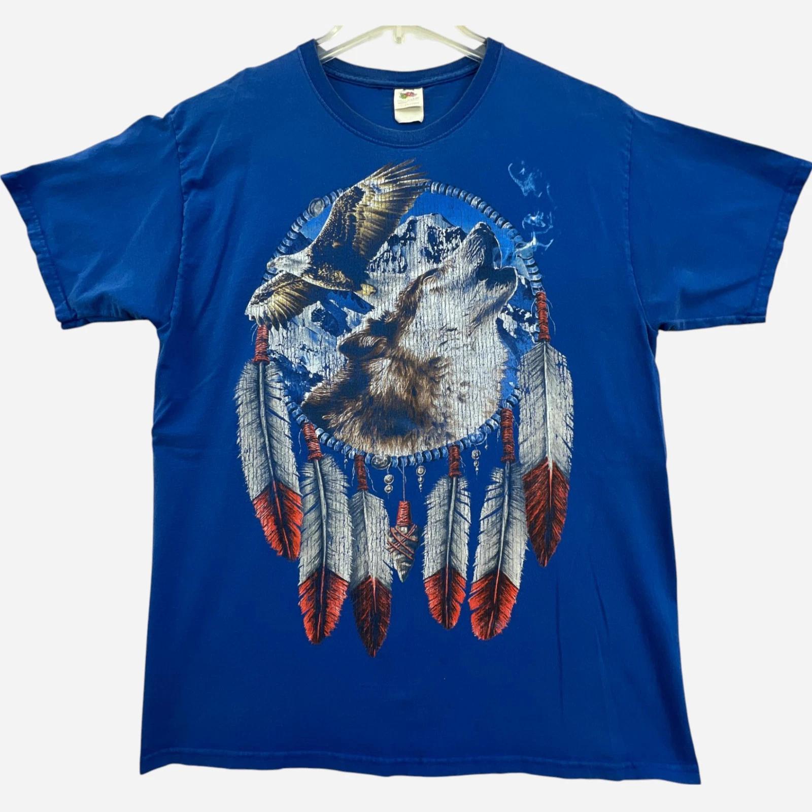 

Мужская футболка с принтом Волк коренных американцев, размер L, синяя, с изображением Белоголового орла и Ловца снов XL