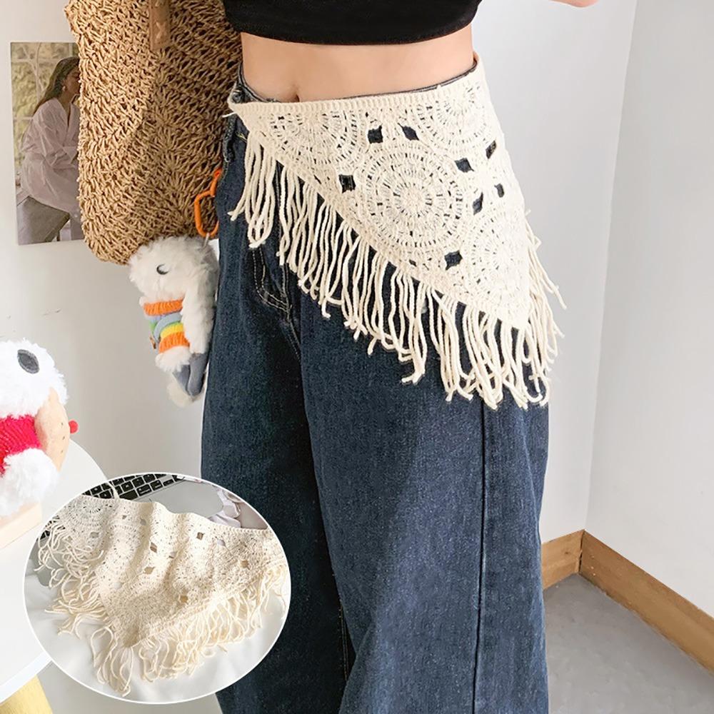 Bohemian Knitted Butt Flap Hollowing Out Tassel Hip Apron Triangular Scarf Tie Straps  Women Girls