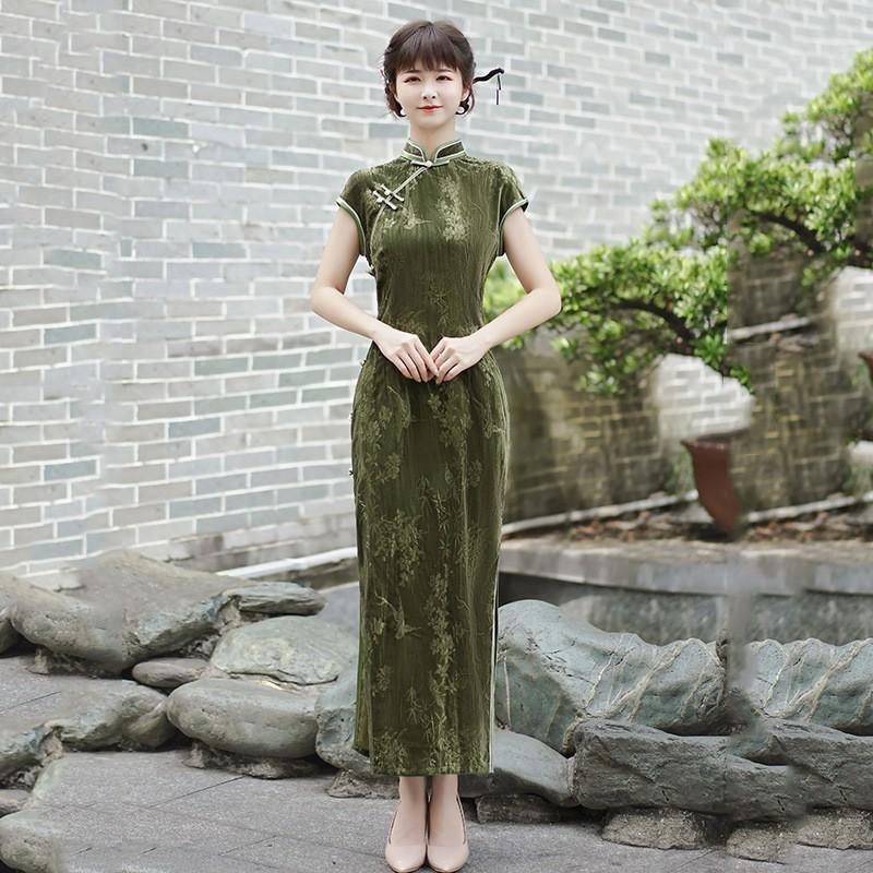 Black Velvet Floral Brocade Qipao Dress Women Vintage Chic Long Fit-and-Flare Sleeveless Style