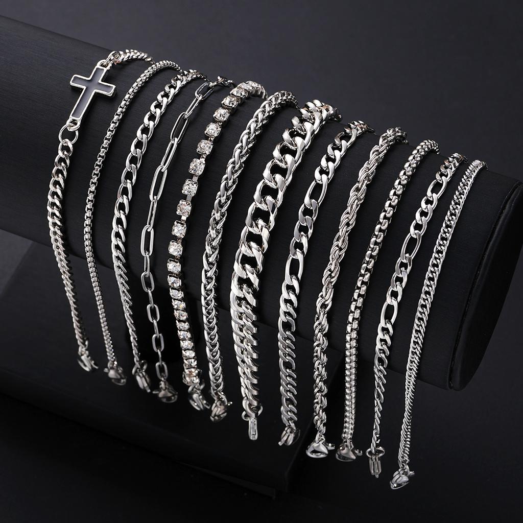 Simple Stylish Punk Hip-Hop Stainless Steel Cross Rhinestones Chain Bracelet Set for Men Women Vacation Date Casual Jewelry Gift