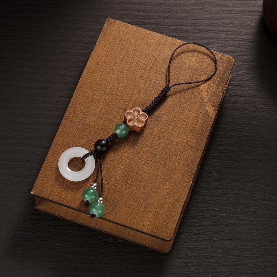 Flower Mobile Phone Charm Braided Cell Phone Strap with Wooden Flower Charm And Faux Jade Ring Chinese Style Phone Lanyard