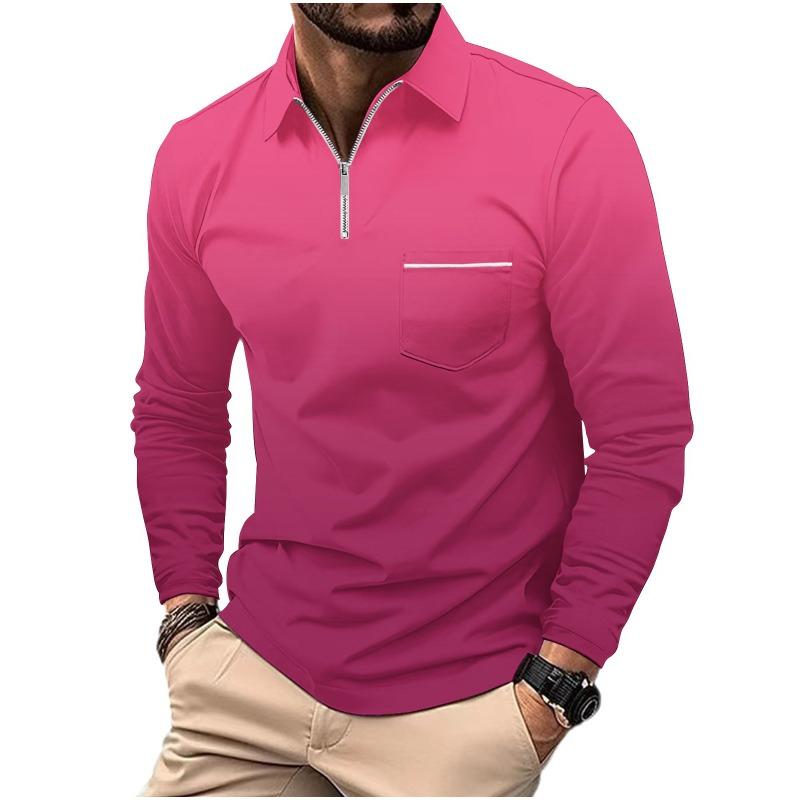 Men's Printed Polo Shirt with Zipper Pocket Sports Long Sleeved Polo Shirt
