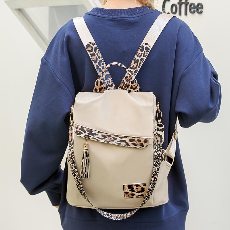 Nylon Leopard Print Women's Anti-theft Backpack Tassel Large Capacity Color Contrast Travel Backpack