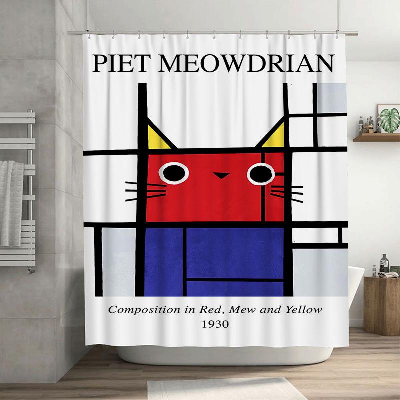 Modern Art Shower Curtain Colorful Geometric Design by Piet Mondrian 1930 Composition in Red Blue Yellow White Fabric Shower cur 90x180cm