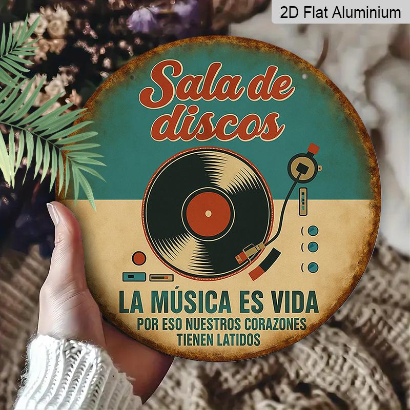 2D Flat, 1pc Spanish Language Vintage Vinyl Record Music Wall Aluminum Plaque - 7.87" Round Retro Turntable Sign Suitable for Bars, Cafes, Music