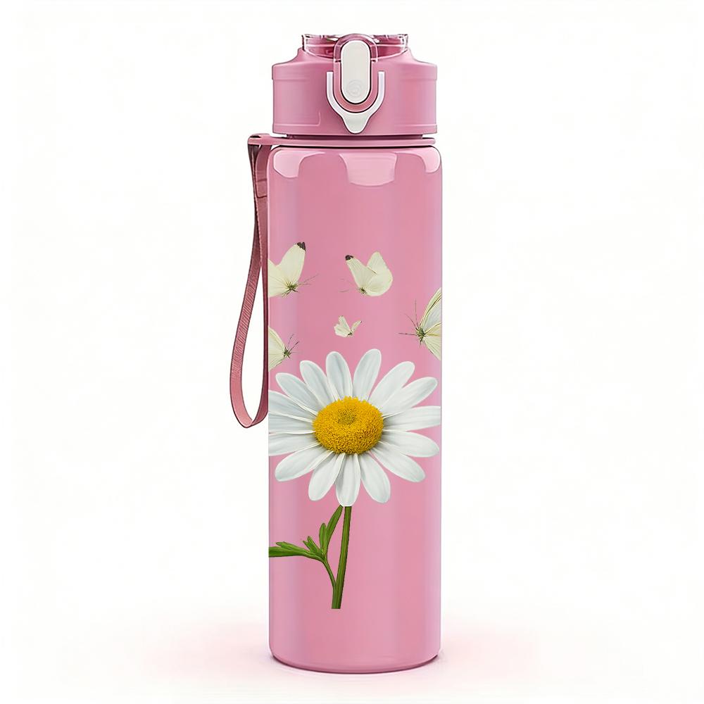 1PC White Daisy Butterfly Branch 750ml Color Plastic Sports Water Bottle Leakproof Flip Straw Lid For Sports Office Home Use