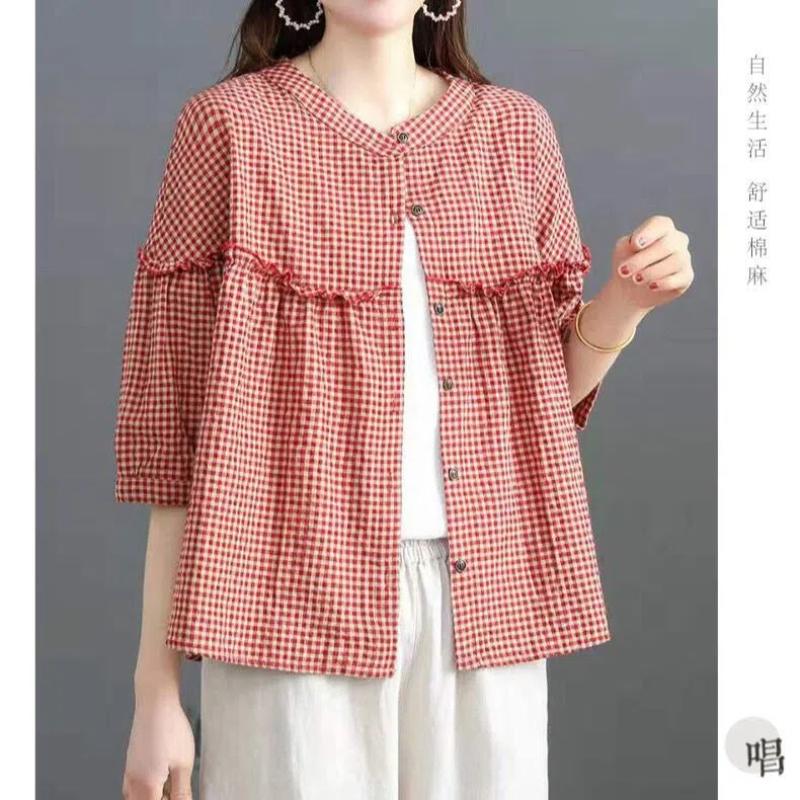 

Корейські Жіночі Весняно-Літні Нові Модні Вільні Повсякденні Сорочки з Круглим Вирізом та Ґудзиками M червоний