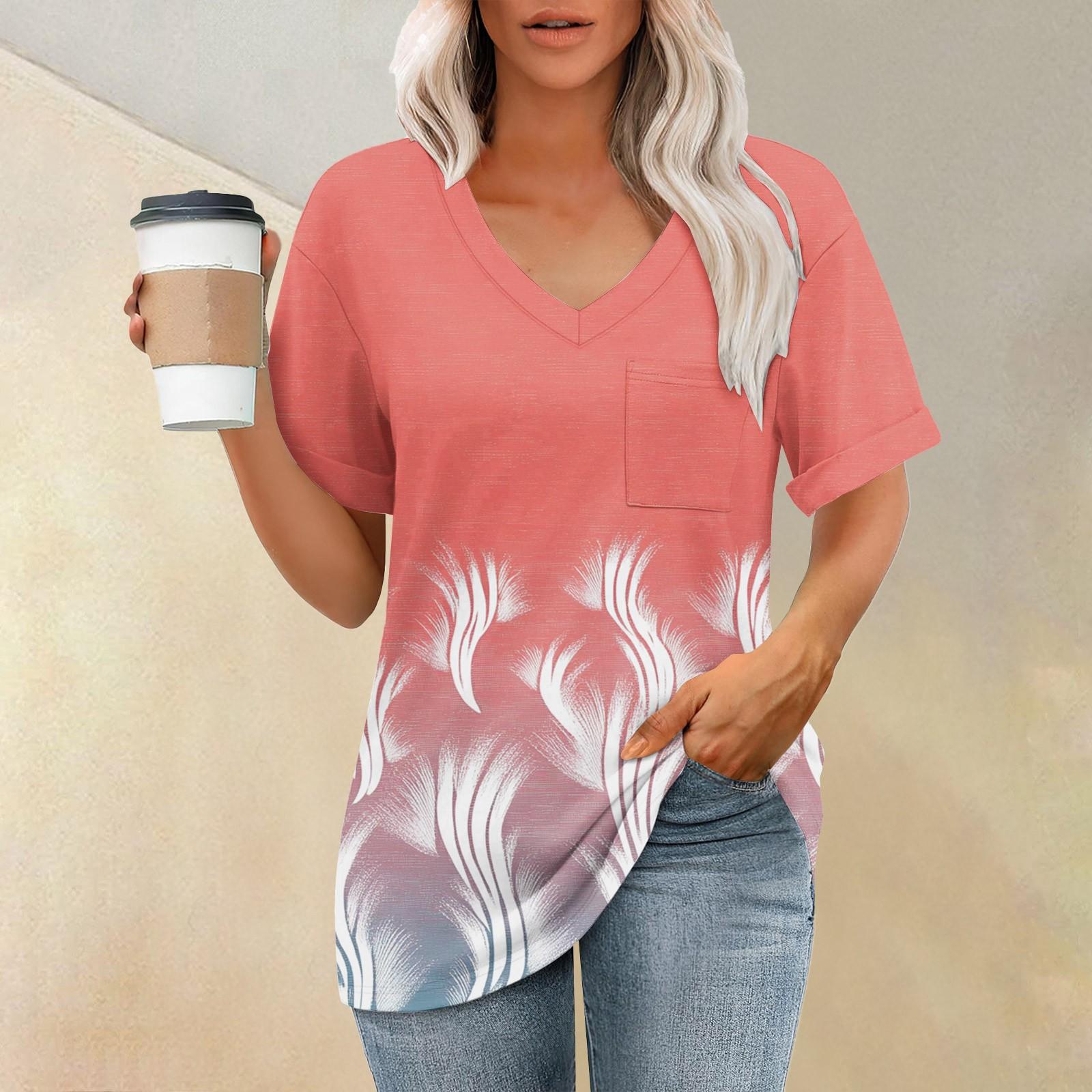 

Жіноча мода Кишеня V-подібний виріз Короткий рукав Рослинний Квітковий принт Футболка Топ XL зелений