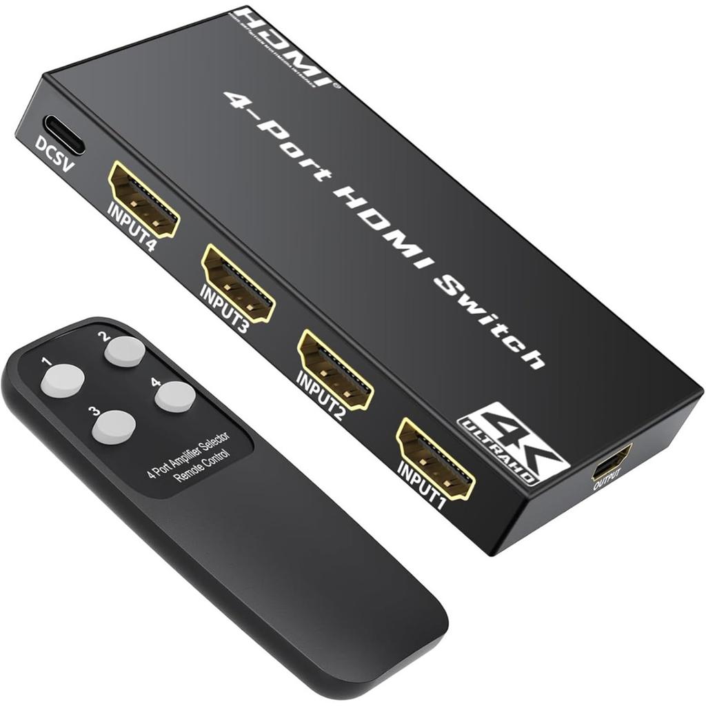 HDMI 4x1 Switch 4-Input 1-Output HDMI Switch HDMI Selector Supporting 4K@30Hz Ultra HD Includes Remote Control 10.2 Gbps High-Speed Data Transfer
