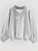 Grå sweatshirt i koreansk stil med V-ringning, kort ärm, avslappnad lös passform, bekväm hösttopp.