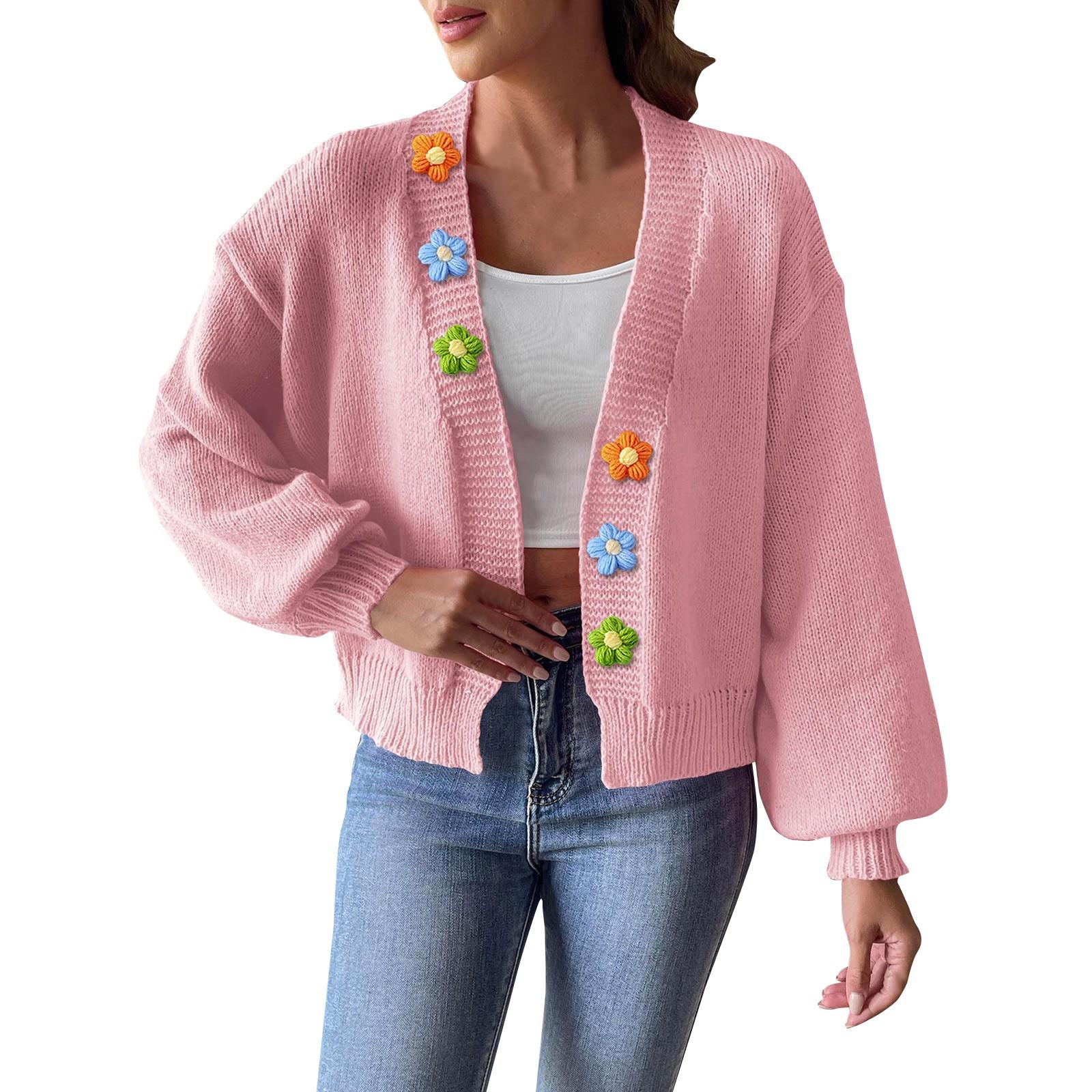 

Women s Autumn And Winter Woven Sweater Jacket With Hand Hook Flower Splicing Short Buttonless Cardigan Sweater XL розовый