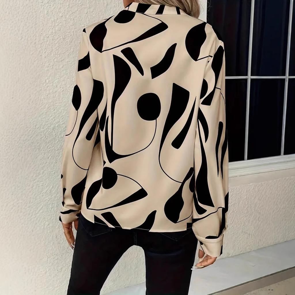 Women's V Neck Long Sleeve Loose Fit Blouse Abstract Pattern Casual Shirt