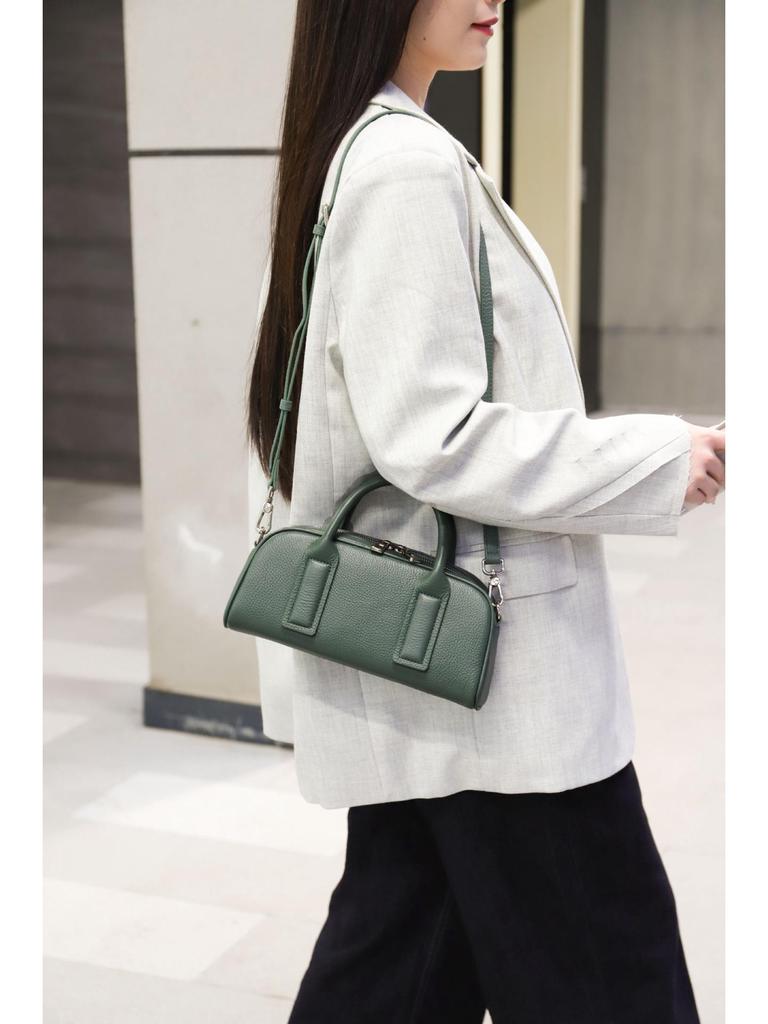 Women's Lightweight Genuine Leather Boston Pillow Bag - Luxury Retro Bowling Handbag & Casual Crossbody