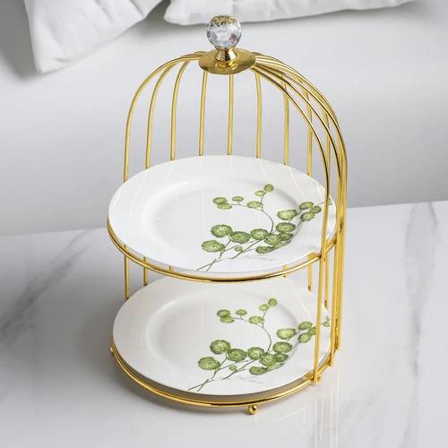 Schmiedeeisen Keramik Tortenständer Obstschale Doppelschicht Kuchenform Snack Dessertteller Displayständer Desktop Dekorativer Rahmen