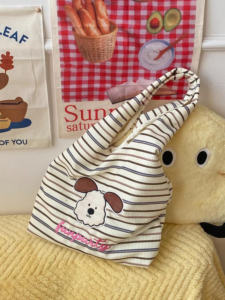 Carto Dog Plaid Stripe Women Shoulder Bags Corduroy Large Capacity College Girls Underarm Tote Bag Casual Female Vest Handbags