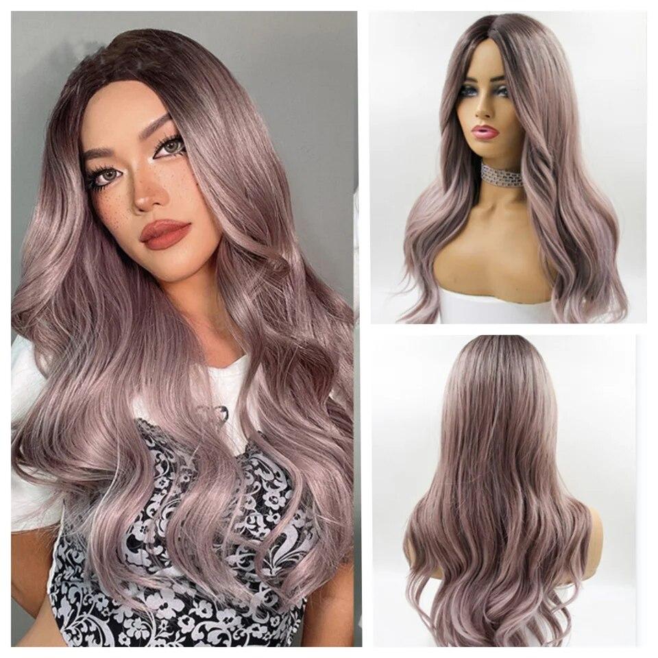 Μακριές καφέ Ombre συνθετικές περούκες για γυναίκες Φυσικά μαλλιά κυματιστές περούκες μεσαίου μέρους Γυναικεία περούκα Cosplay ανθεκτικές στη θερμότητα περούκες από ίνες