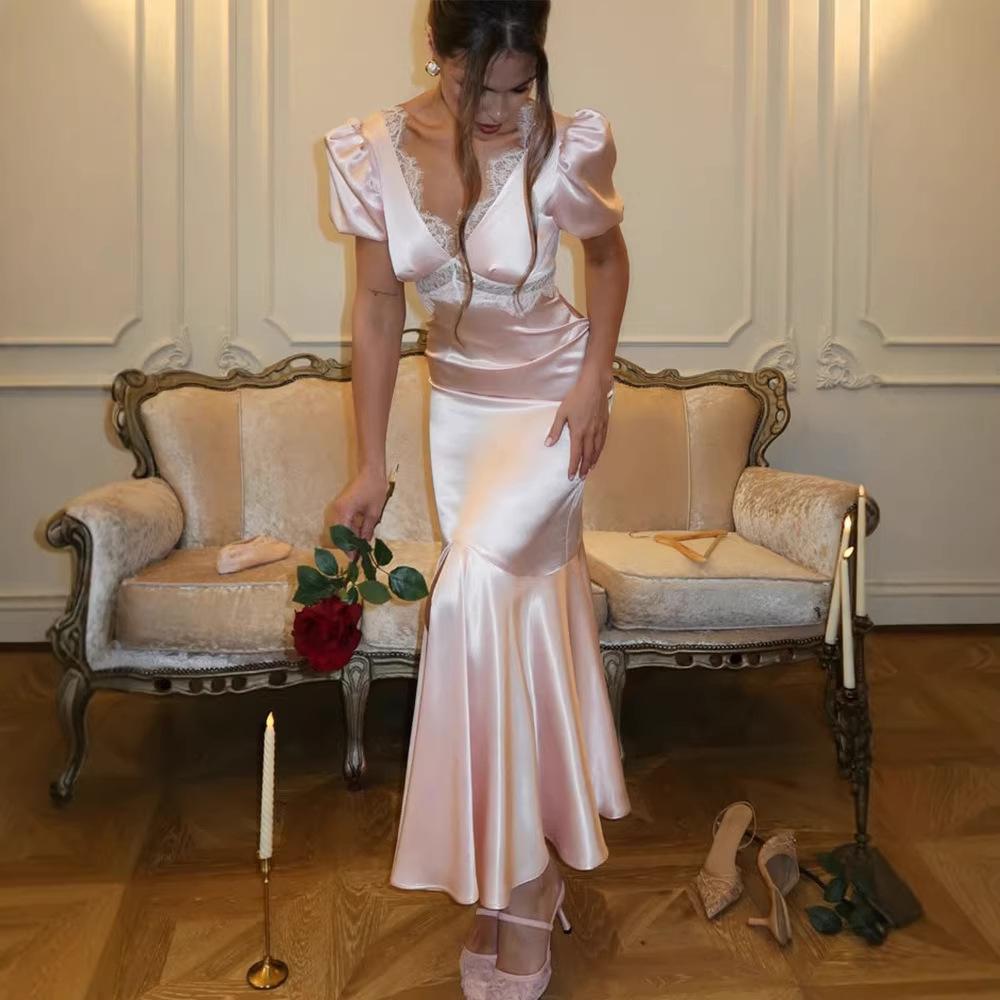 French court style, slim fit, showing figure temperament, V-neck lace splicing hip-wrapped fishtail skirt, celebrity high-end satin skirt