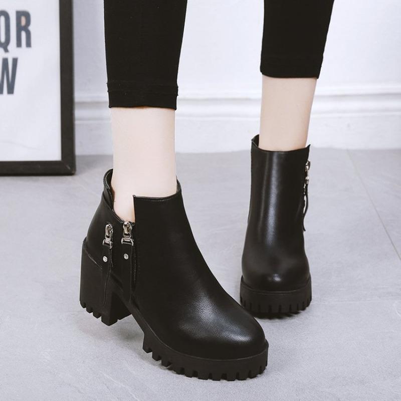 Autumn Winter Thick Heel Women's Ankle Boots Anti-slip Ladies Casual Footwear British Style Platform Side Zipper High Heel Shoes