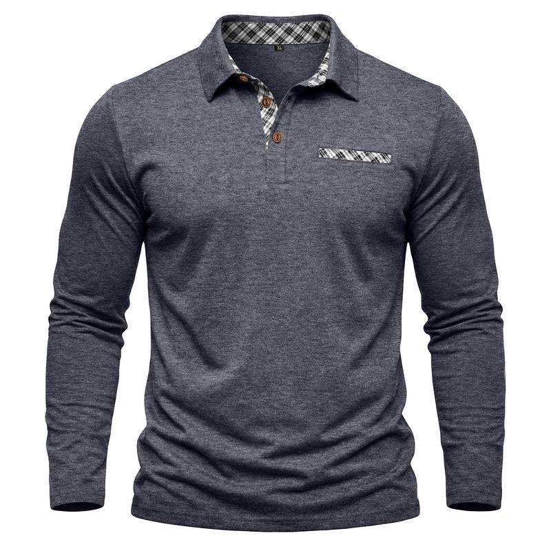 American Style Spring Autumn Men's Polo Shirts Long Sleeve Smart Casual Turn Down Collar Pull On Polos Man