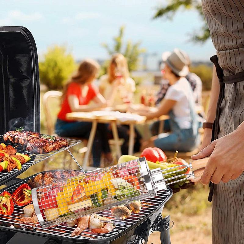Grill Baskets for Outdoor Grill Stainless Steel Rolling Grilling Basket Portable Outdoor Camping BBQ Rack with Wood Handle